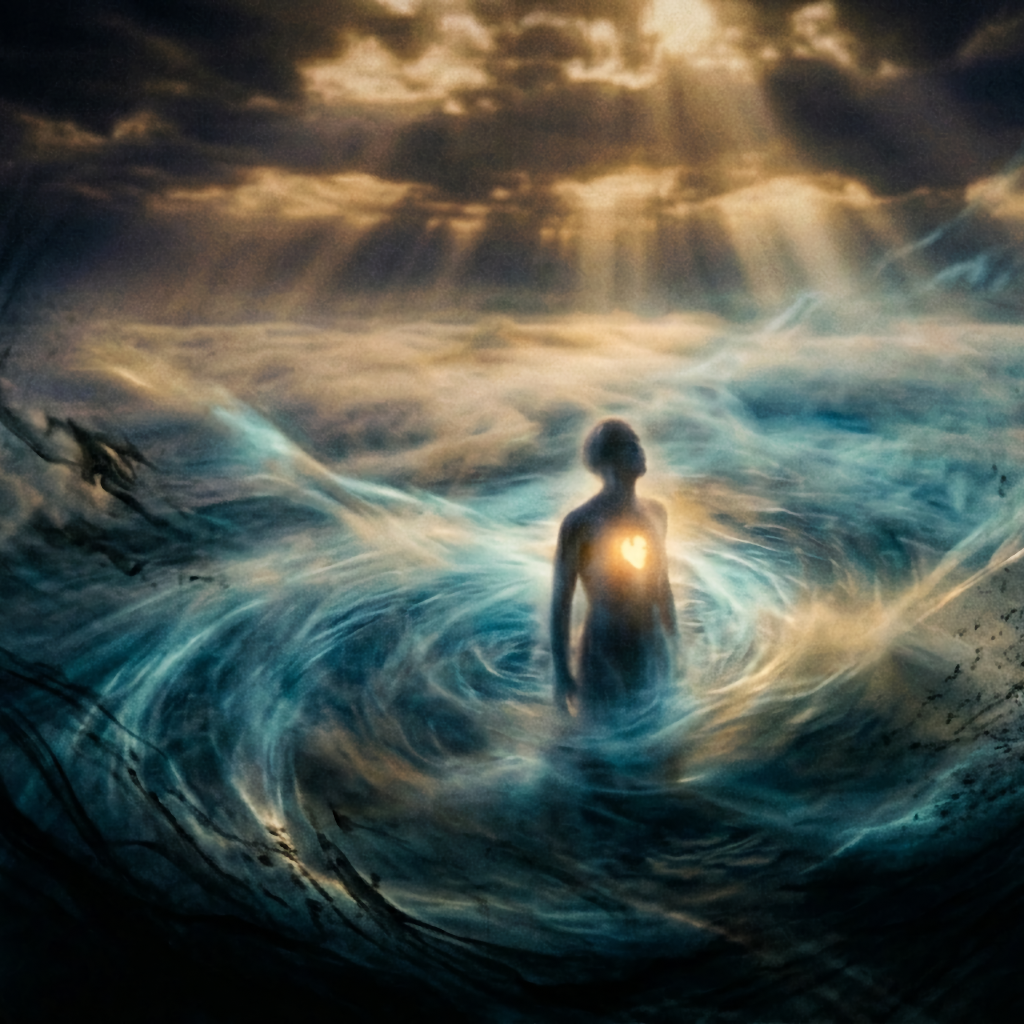 A human figure, heart lit up in their chest, standing in a stormy scene with their head tilted upward.